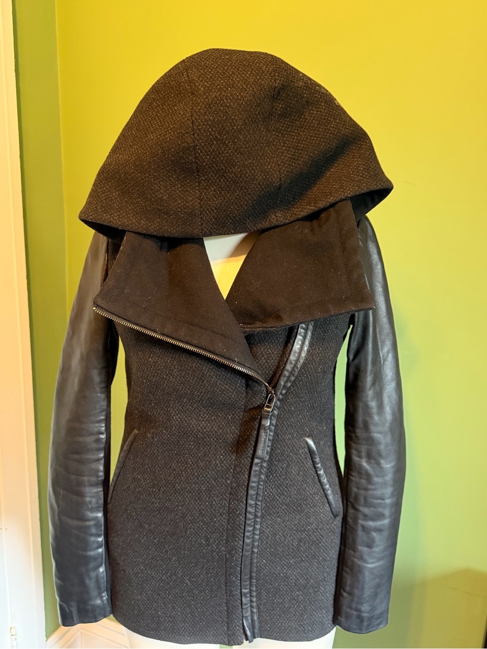 Mackage ODILIA Black Hooded Mixed-Media Leather Sleeve Jacket
